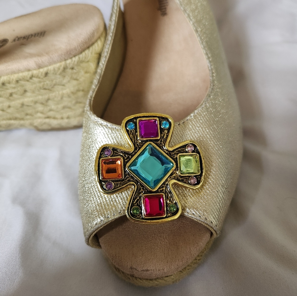 Lindsay Phillips Gold Wedge Sandals with Colorful Gem Accents Size 9 - Picture 4 of 8